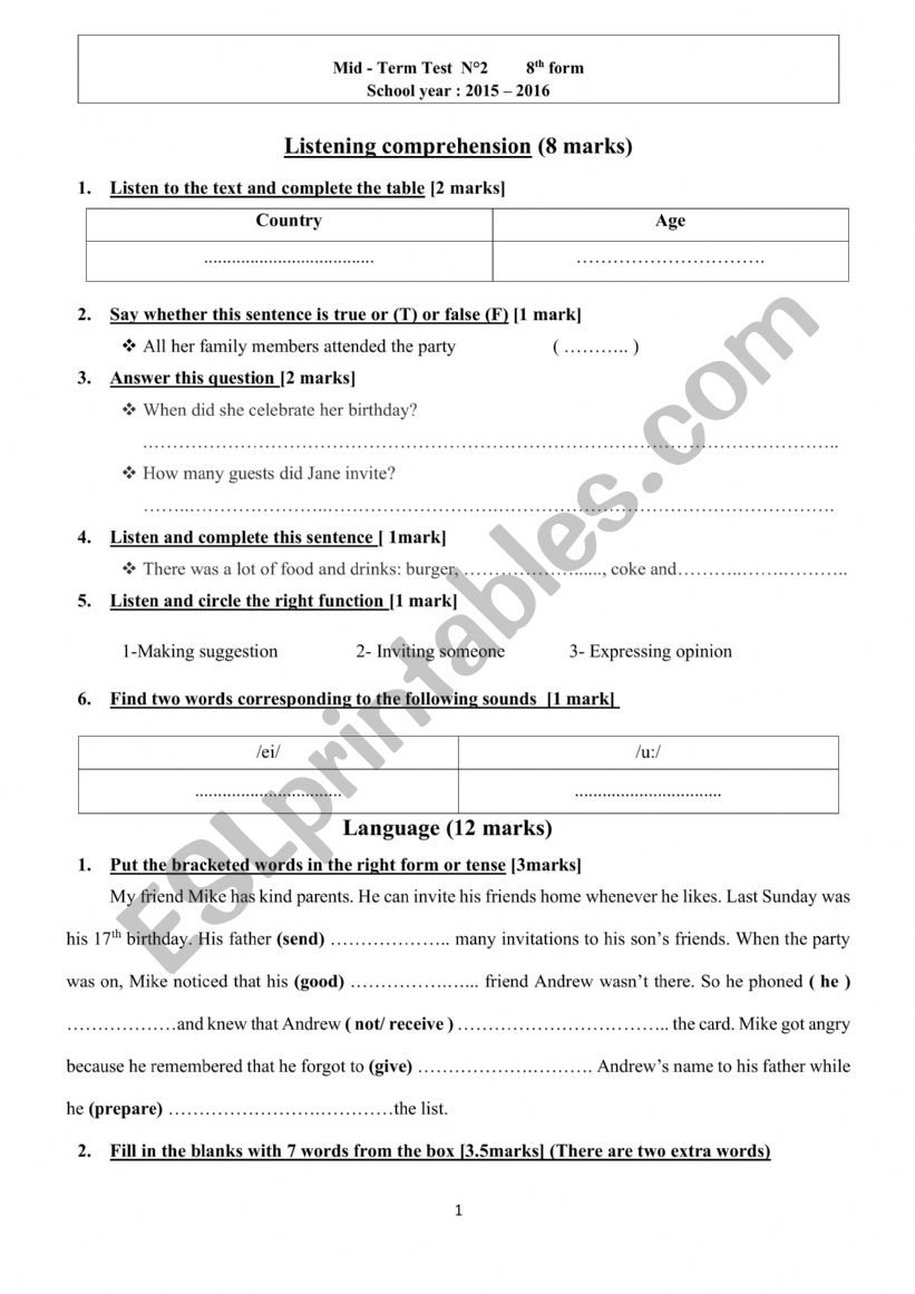 MID TERM TEST 2 8TH FORM worksheet