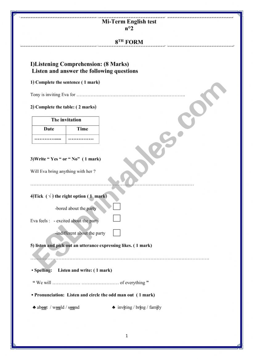 mid term test 2 8th form worksheet