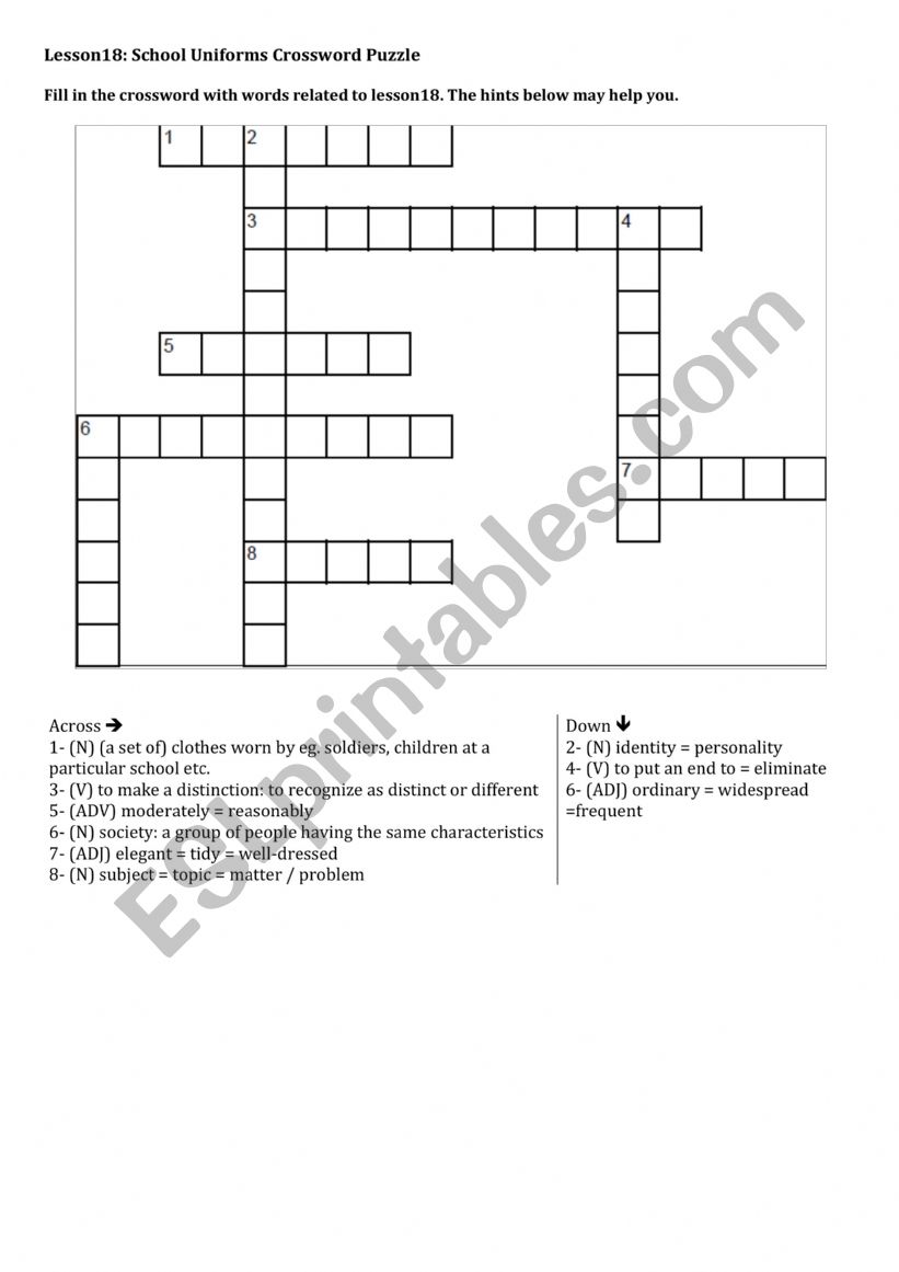 Lesson18: School Uniforms Crossword puzzle