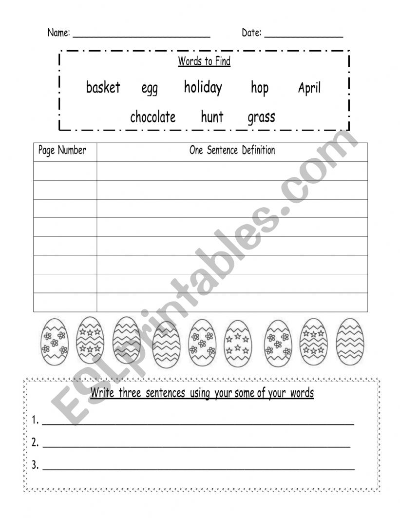 Easter dictionary skills worksheet
