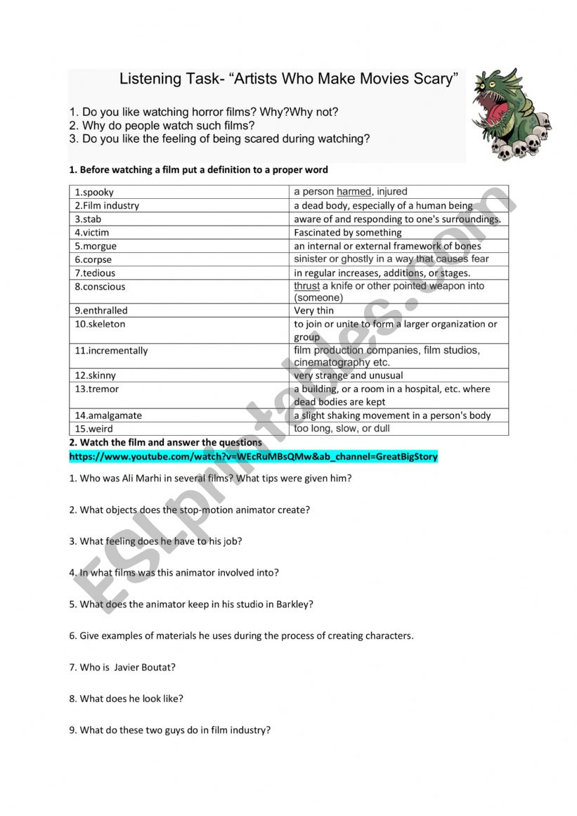 Listening task- Scary films worksheet