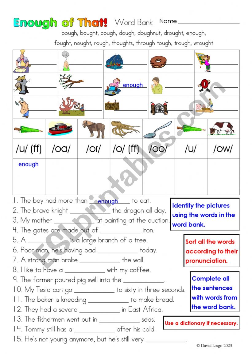 Enough Of That! a three part worksheet with answer keys