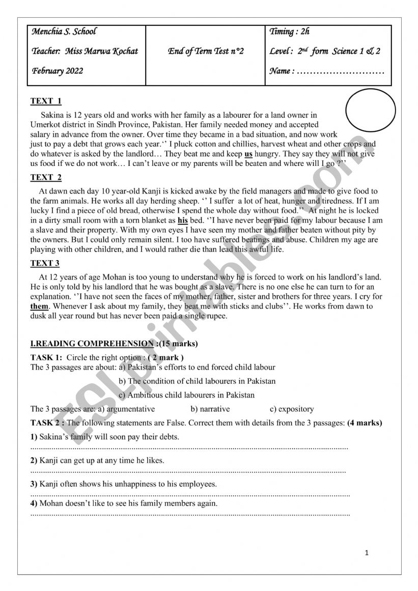 2nd form end of term exam n2 worksheet