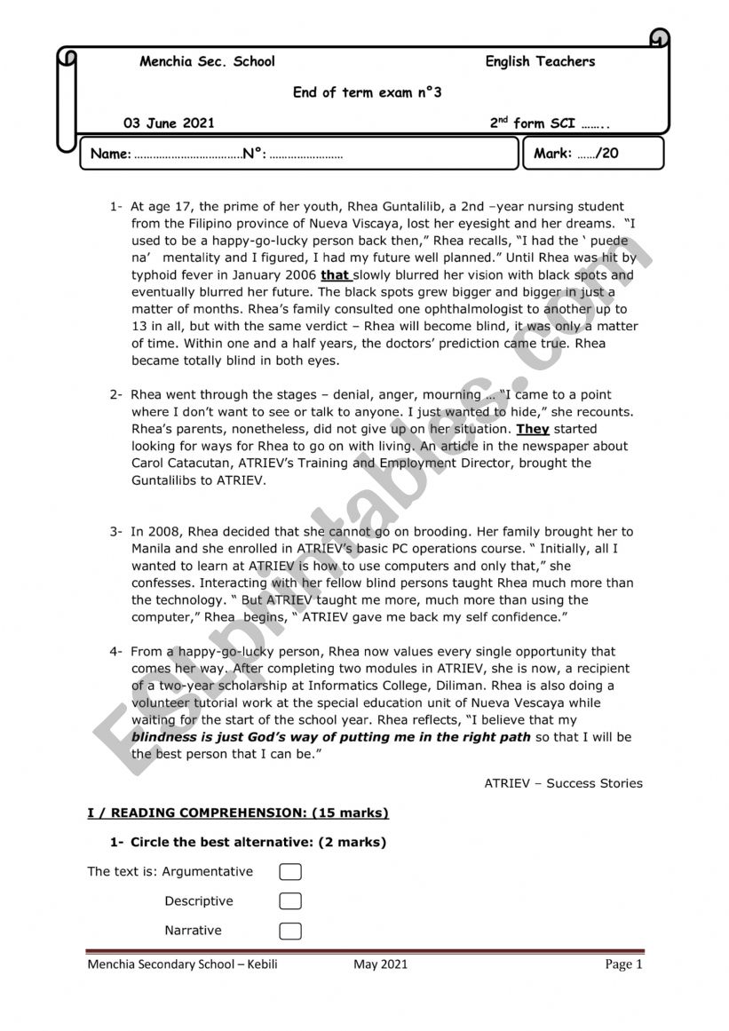2nd form end of term exam n2 worksheet