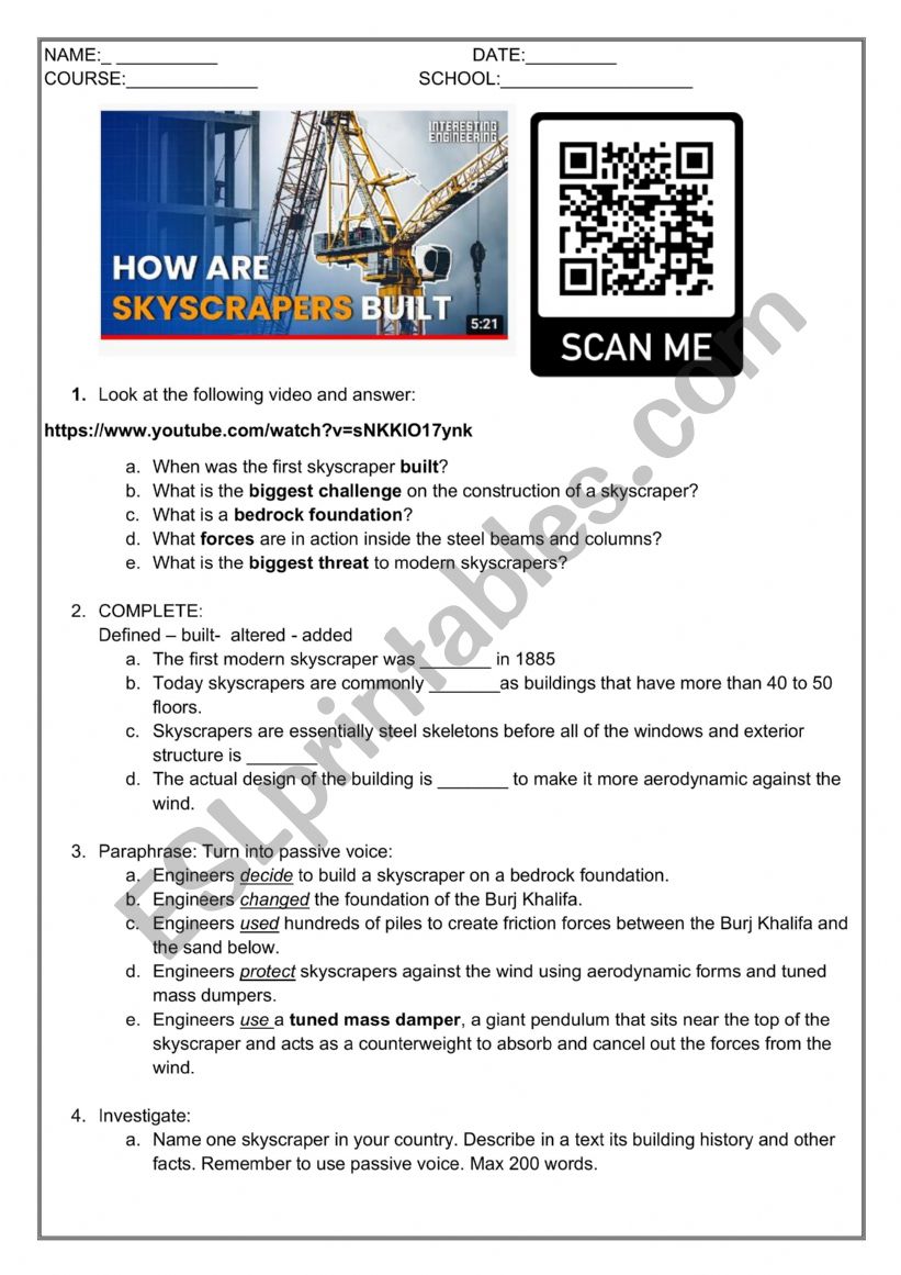 how are skyscrapers built? worksheet