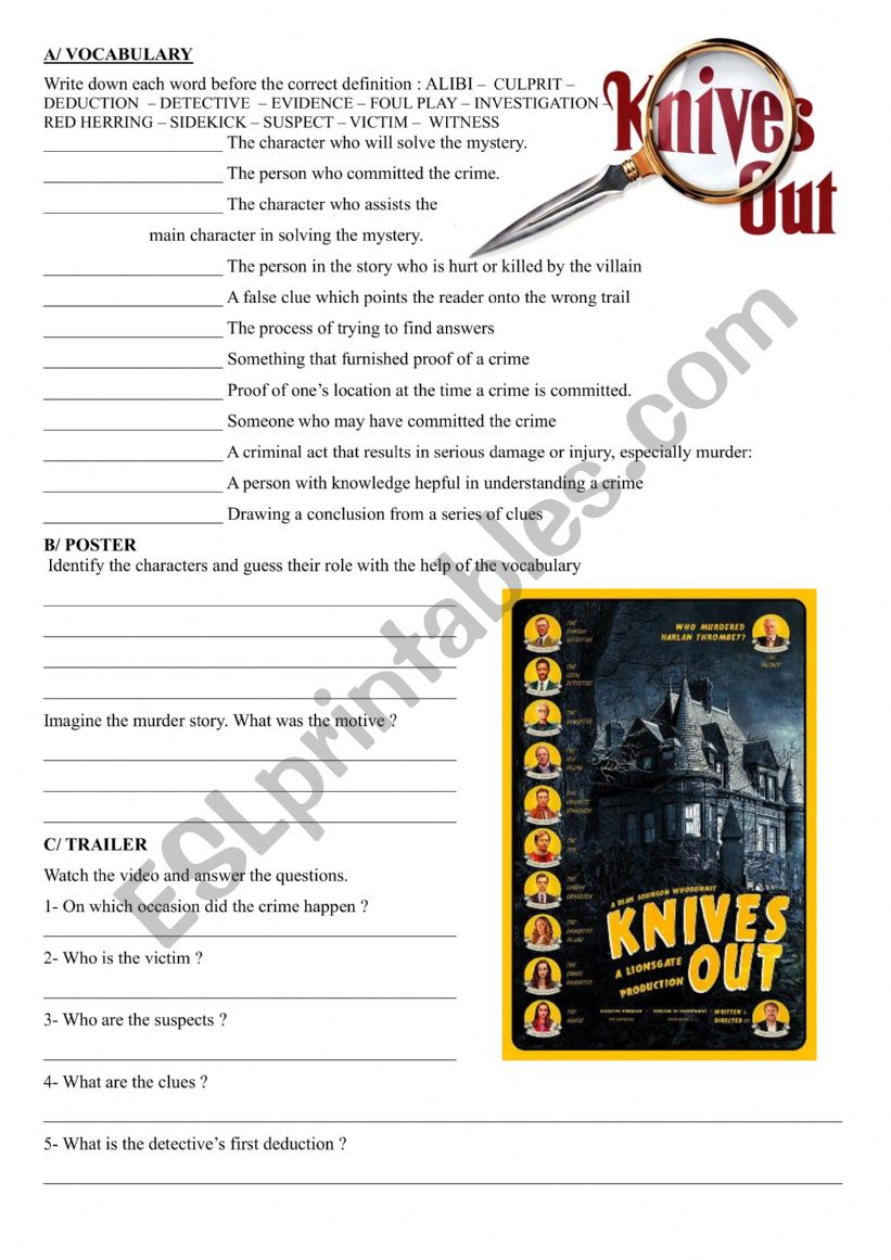 Knives out activities worksheet