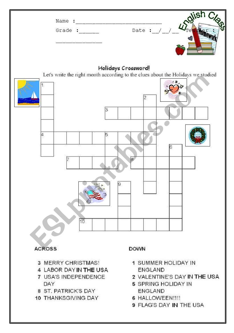 Months corssword worksheet