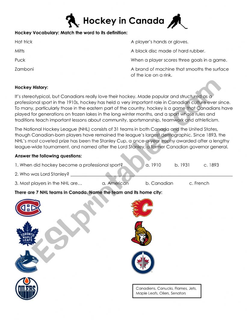 Hockey in Canada worksheet