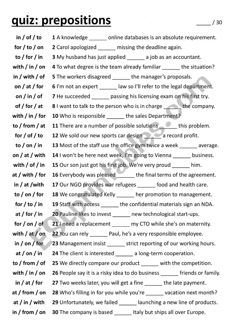 Mixed prepositions quiz worksheet