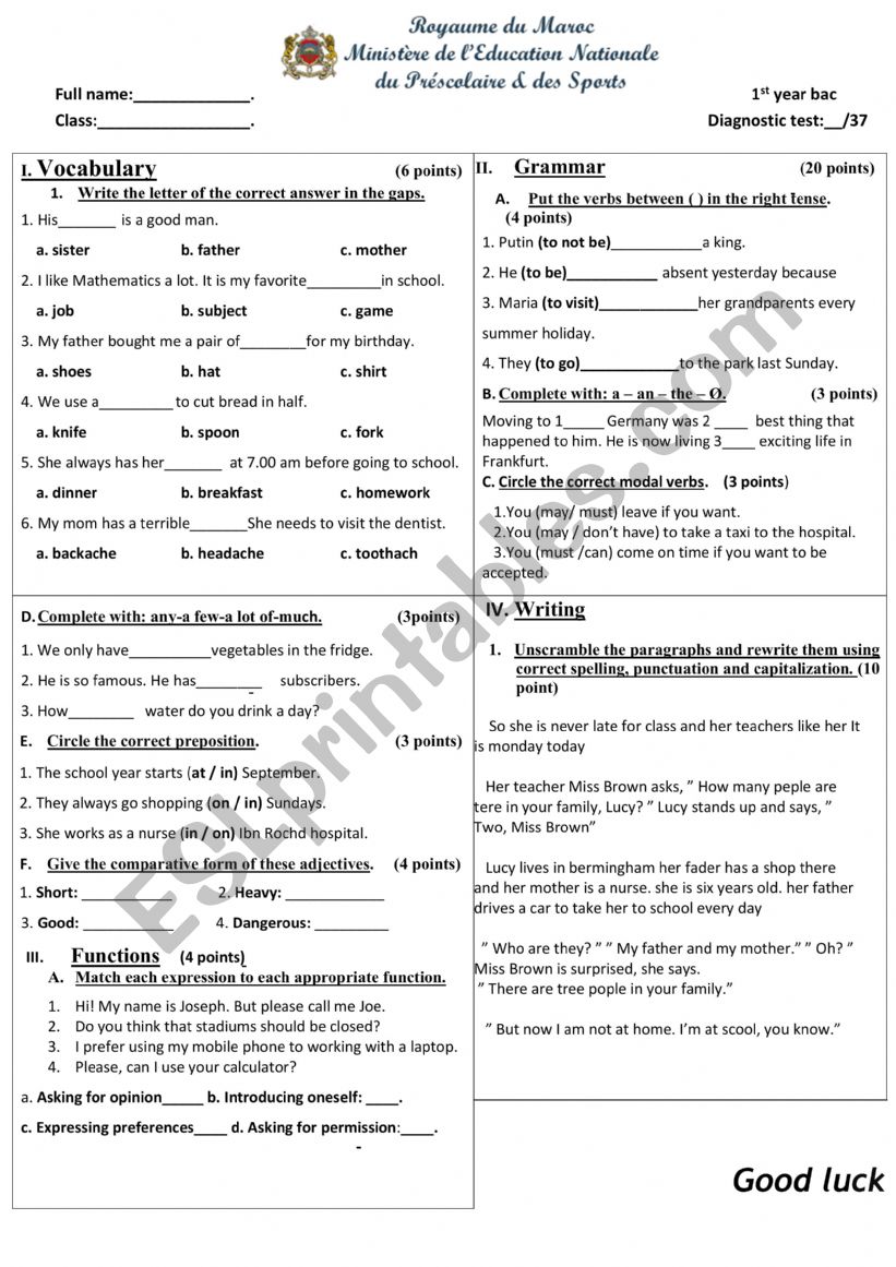 diagnostic test worksheet