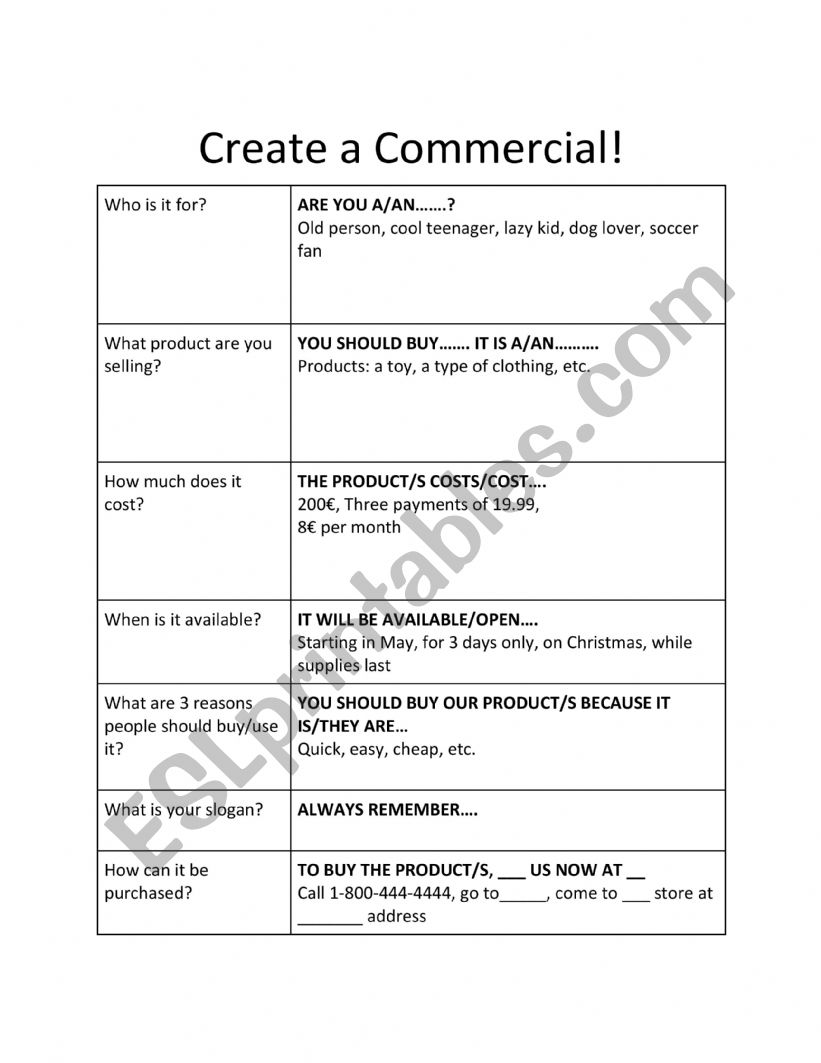 CREATE A COMMERCIAL worksheet