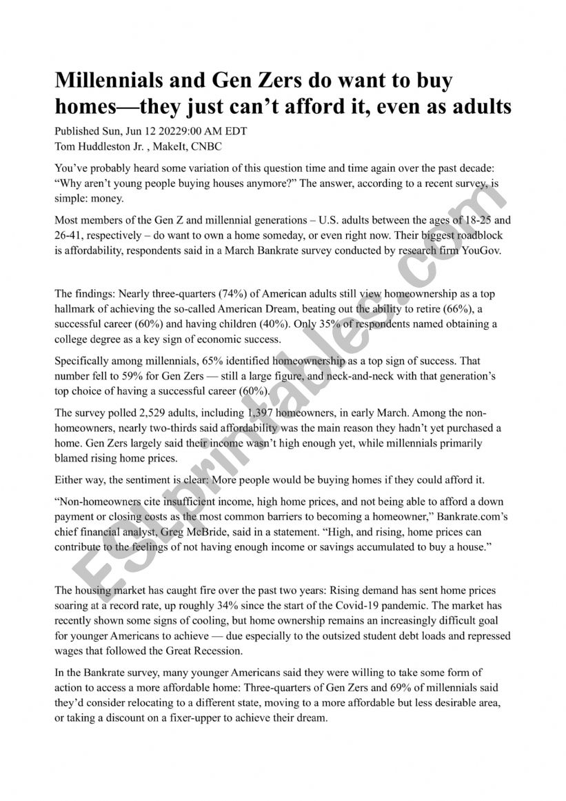 Why donÃ¯Â¿Â½t young people want to buy homes? reading comprehension