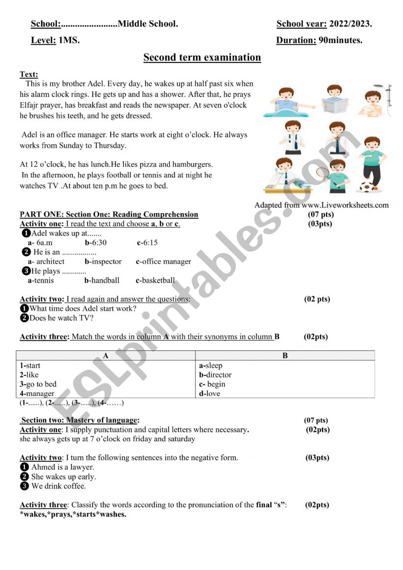 1MS second term examination worksheet