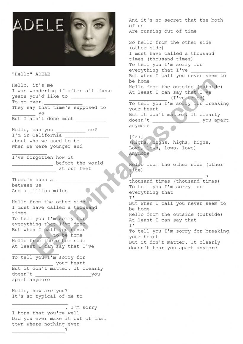 Hello, a song by Adele worksheet