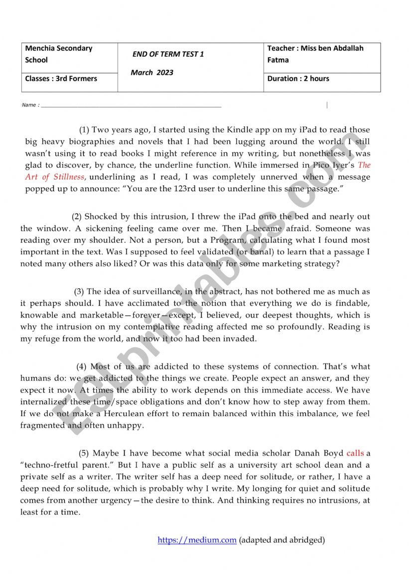 end of term exam worksheet