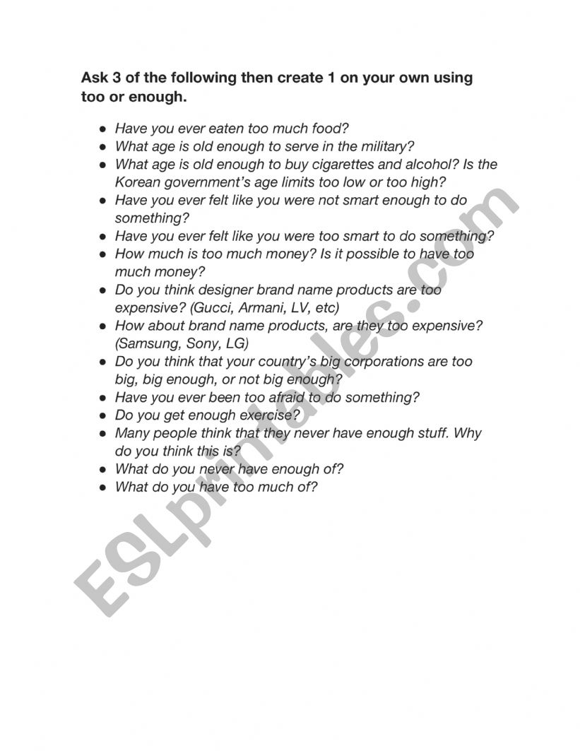 Too and enough worksheet