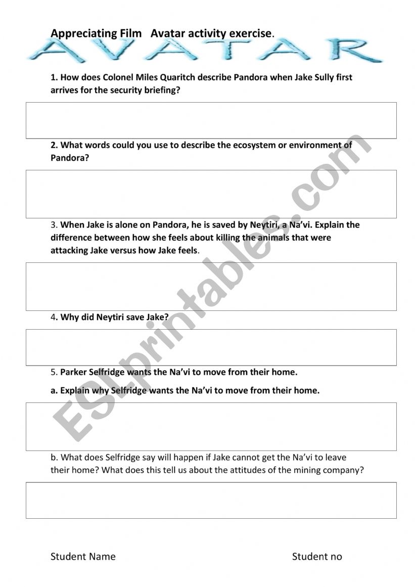 Avatar Movie questions worksheet