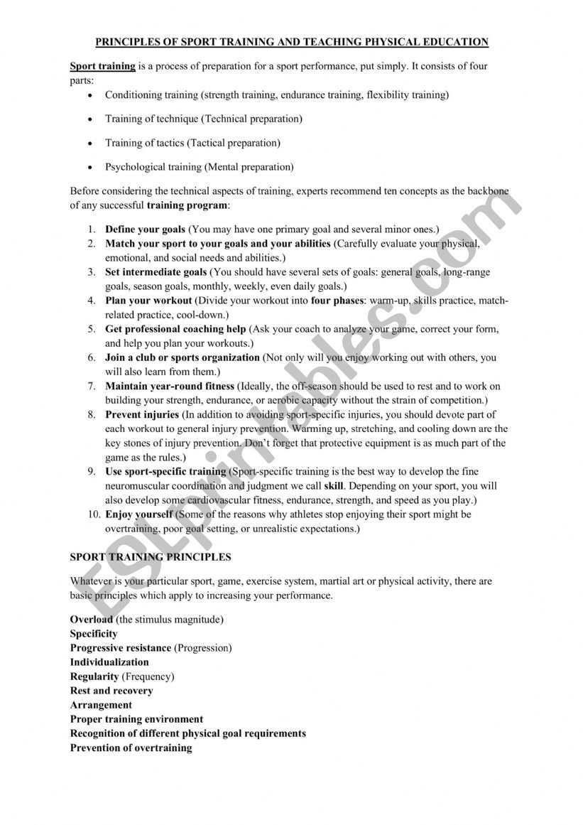 Principles of Sports Training and Categorization of Sports Branches