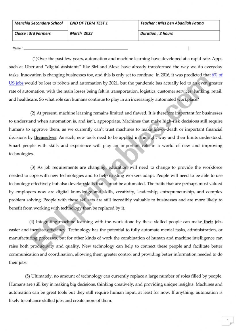end of term test 2 worksheet