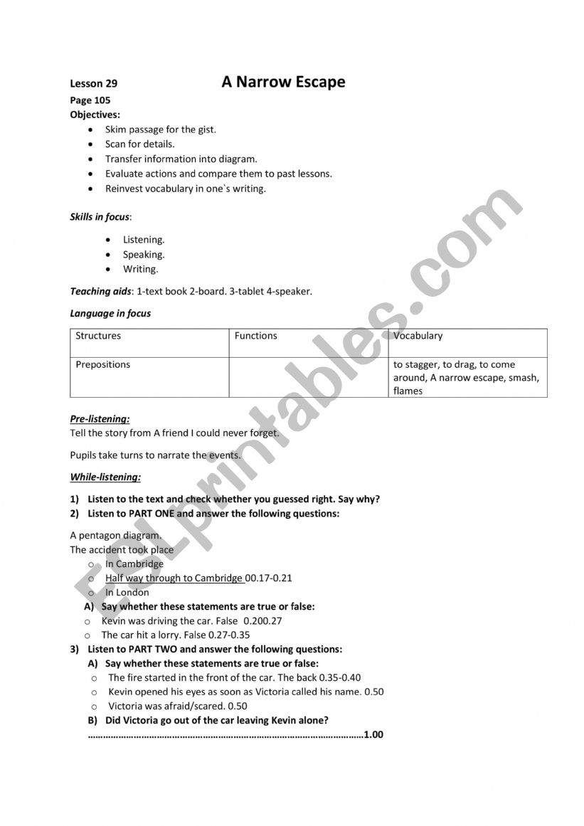   A Narrow Escape worksheet