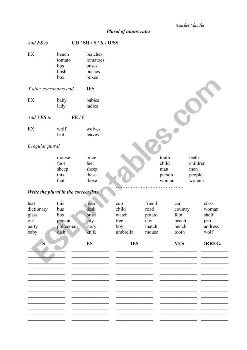 Plural of Nouns worksheet