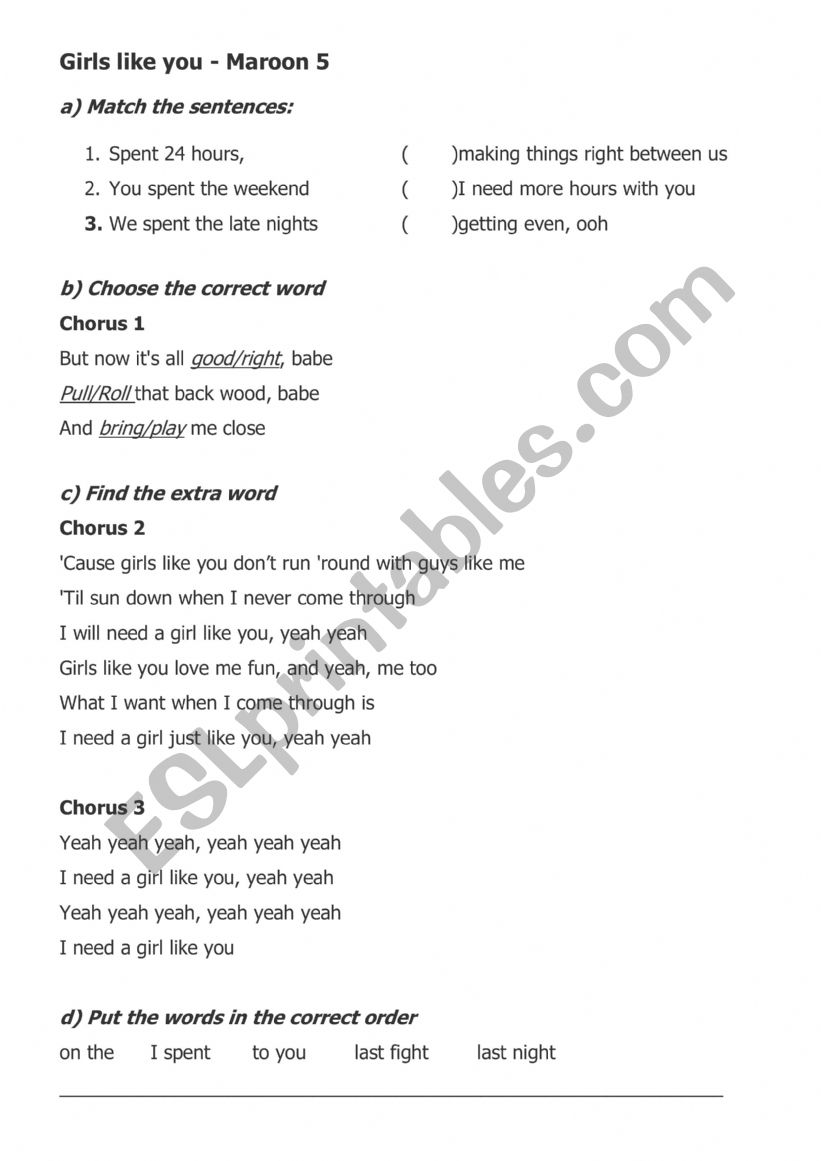 Girls Like You - Song Worksheet