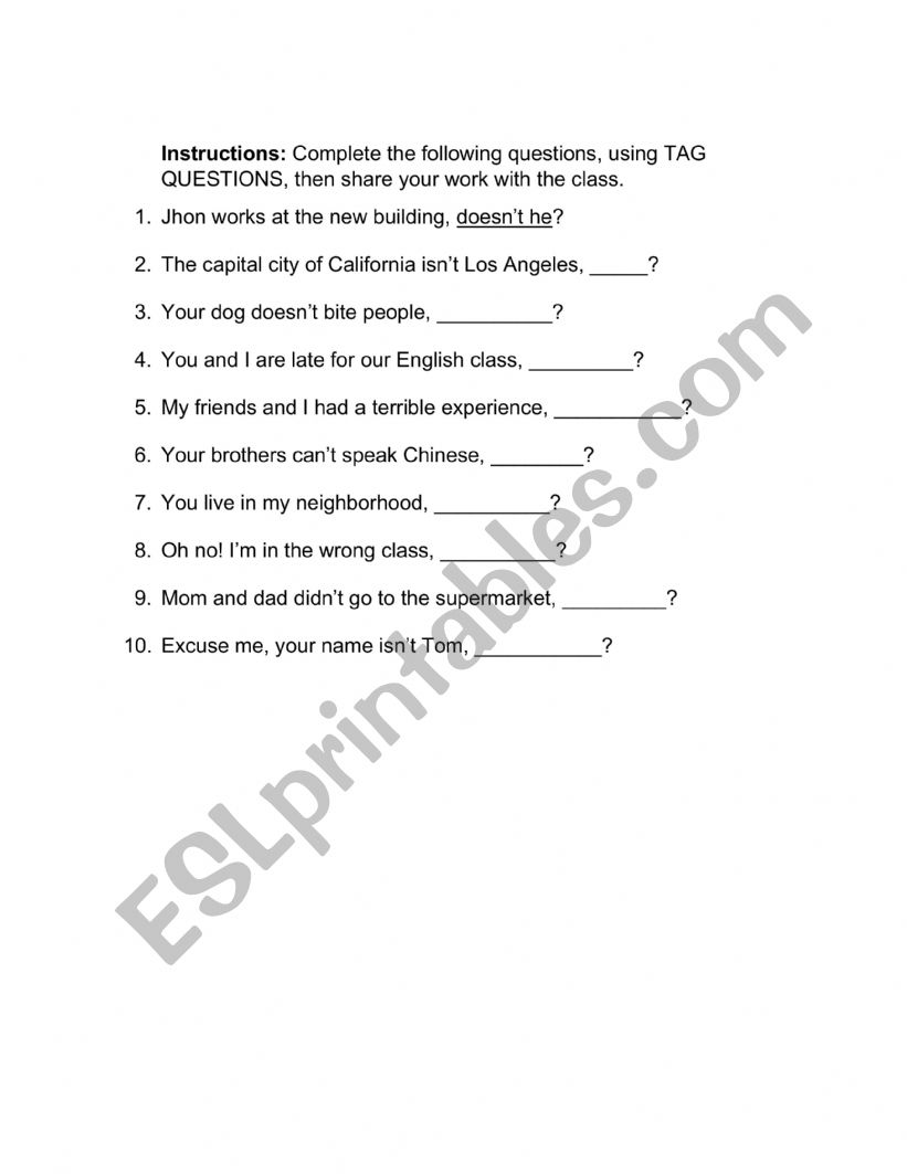 Tag questions worksheet