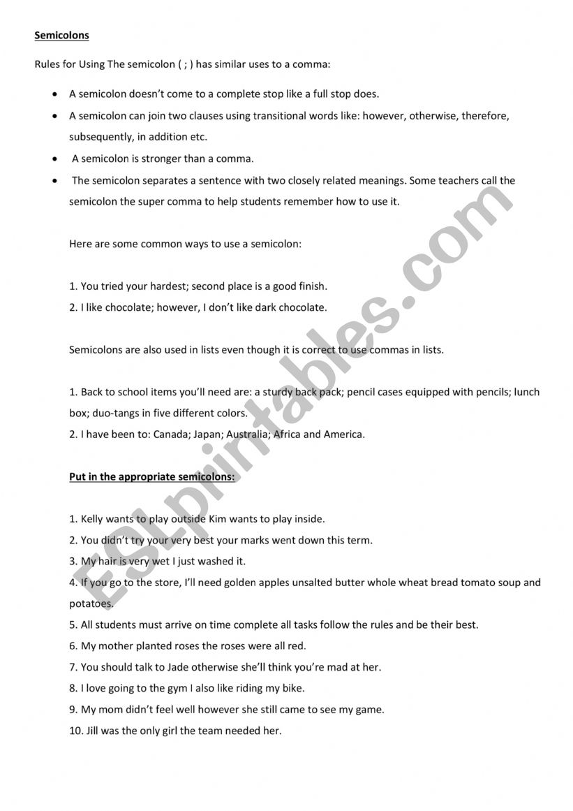Semicolons worksheet