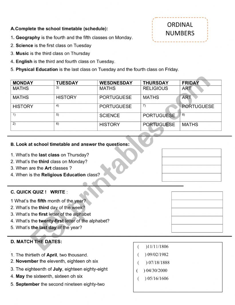 Ordinal Numbers worksheet