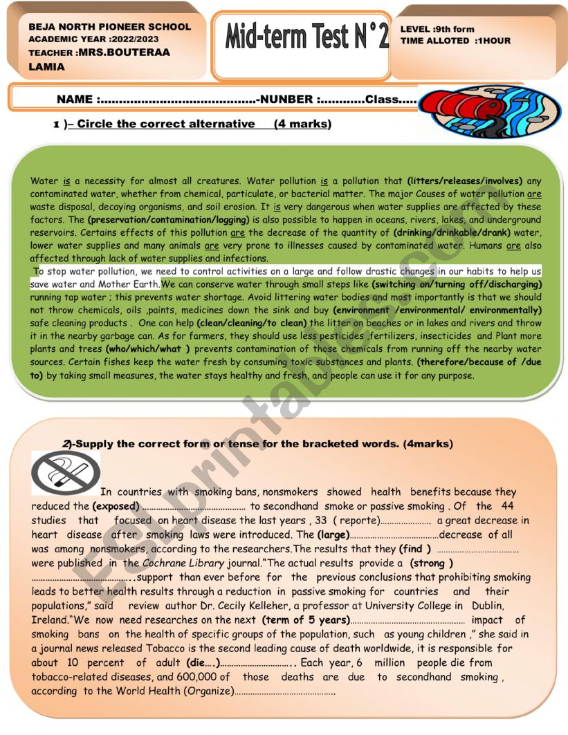 MID TERM TEST 2  9TH FORM  PIONEER SCHOOL