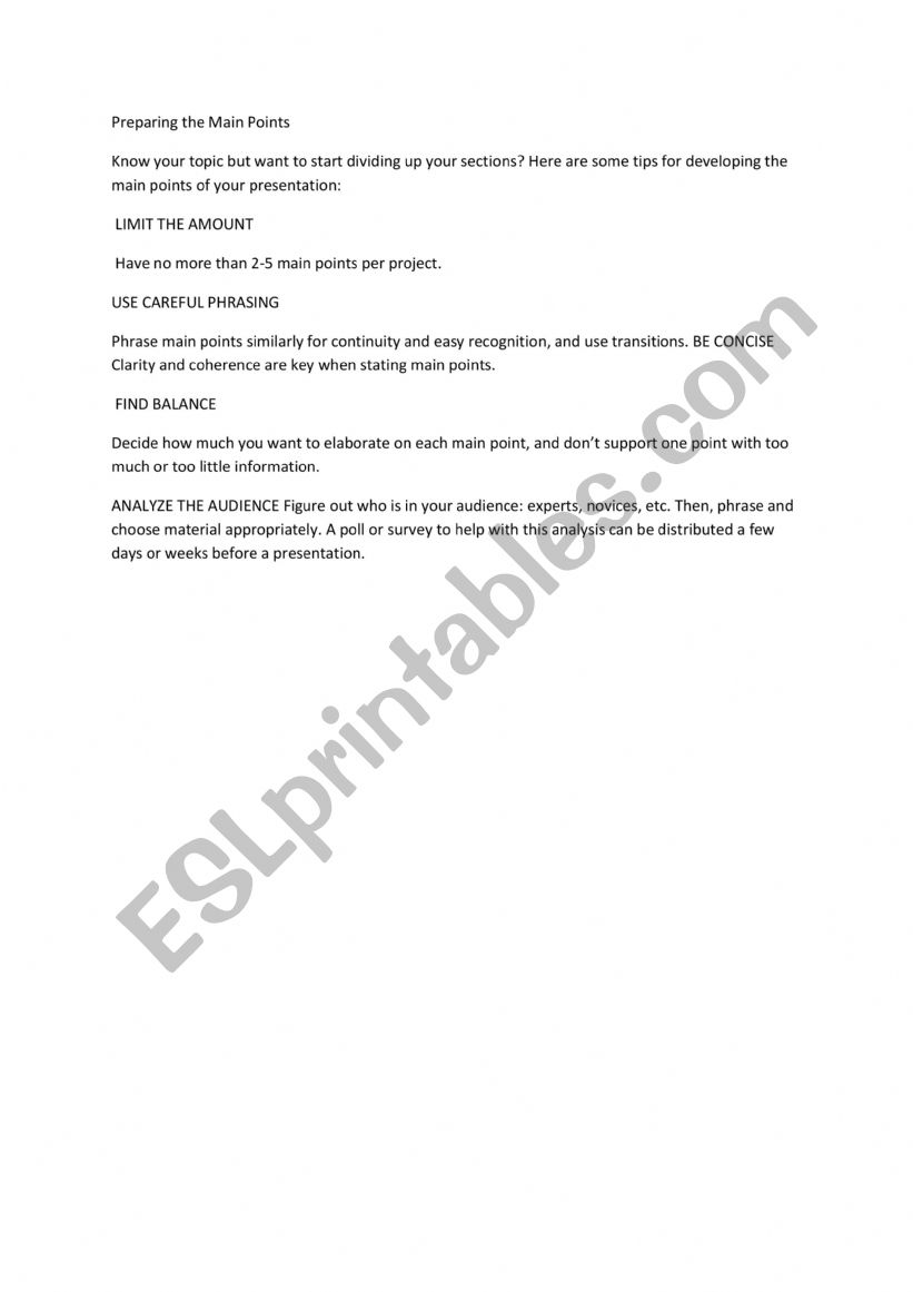 Public Speaking Tips worksheet