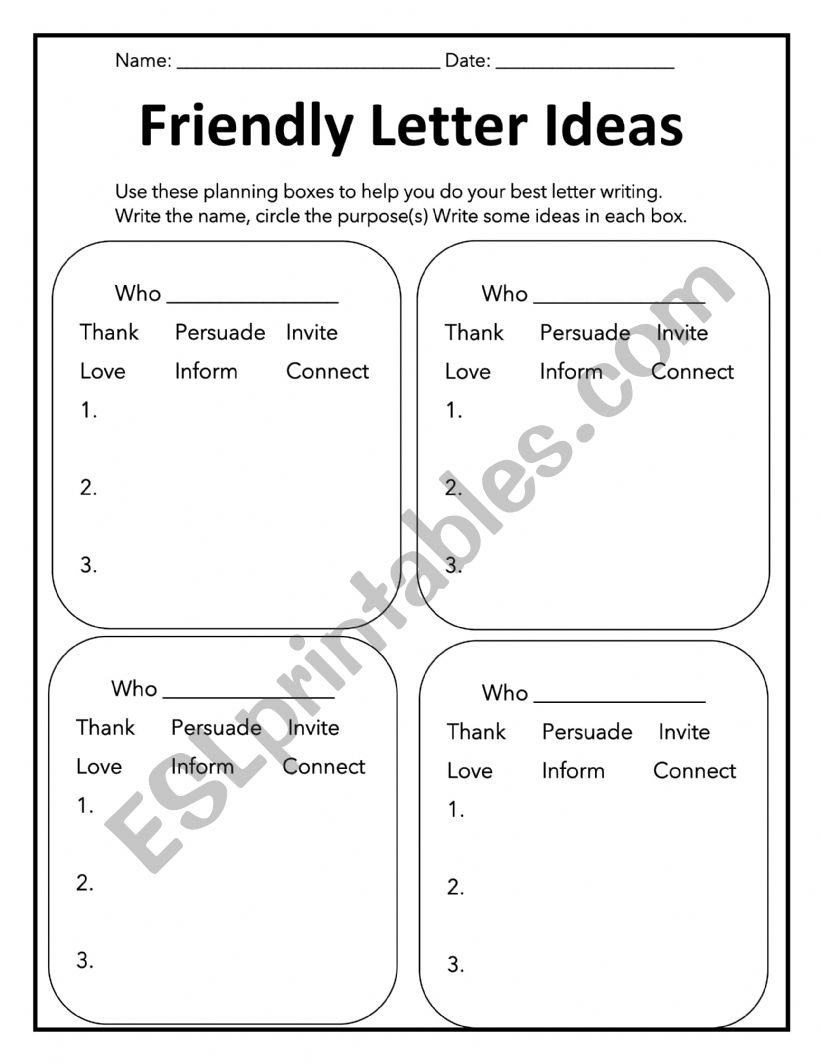 Friendly letter ideas worksheet