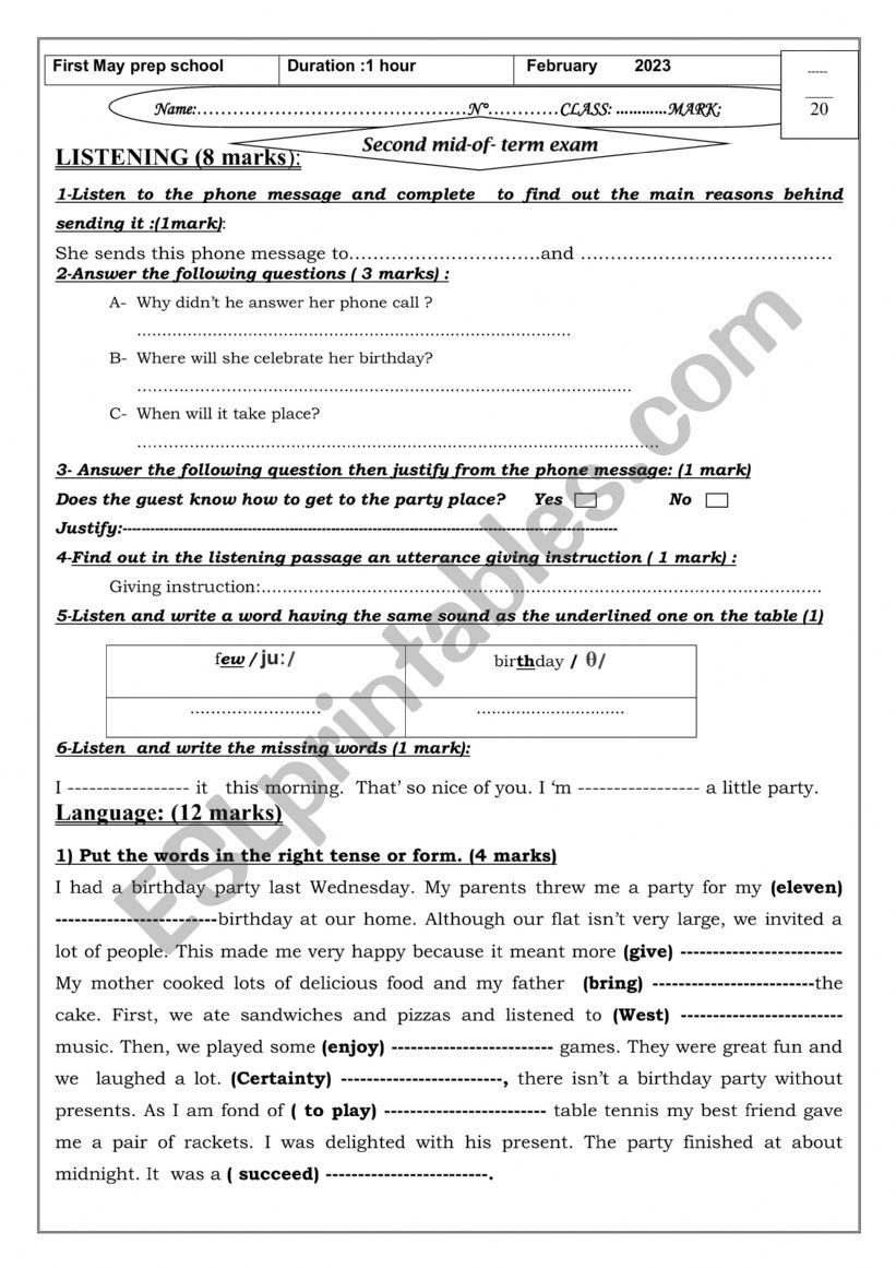 exam 2 for 8th form worksheet