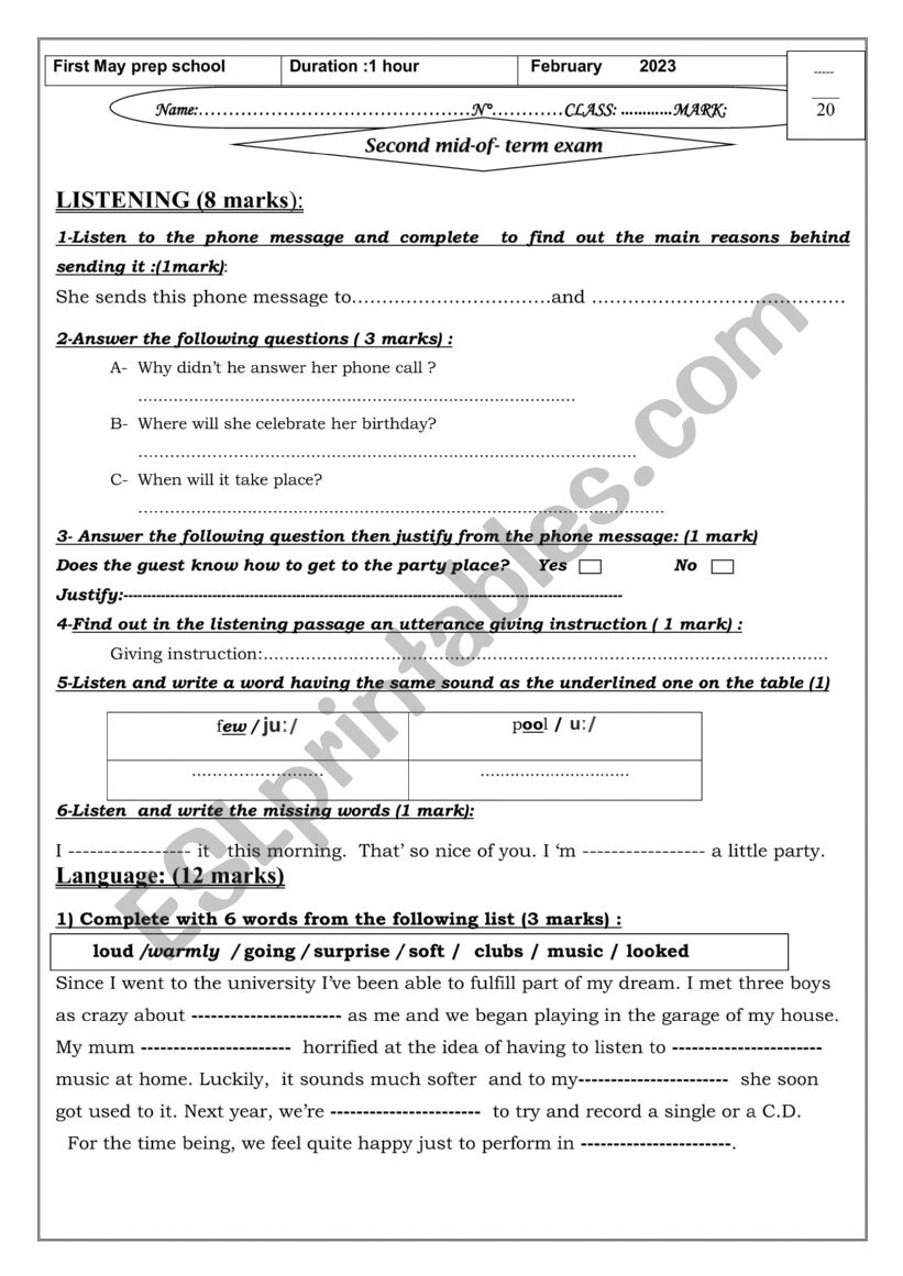 exam 2 for 8th form worksheet