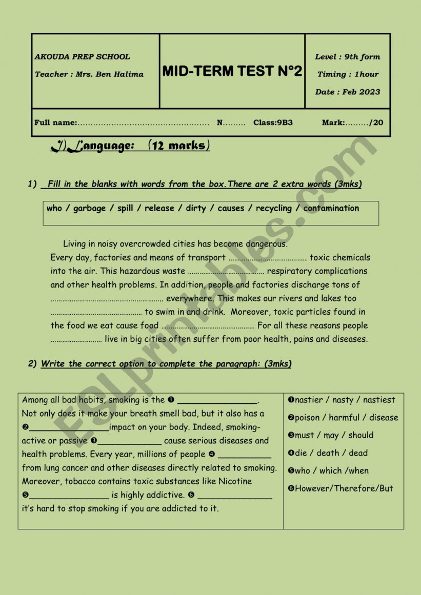 Mid Test 2 9th forms worksheet