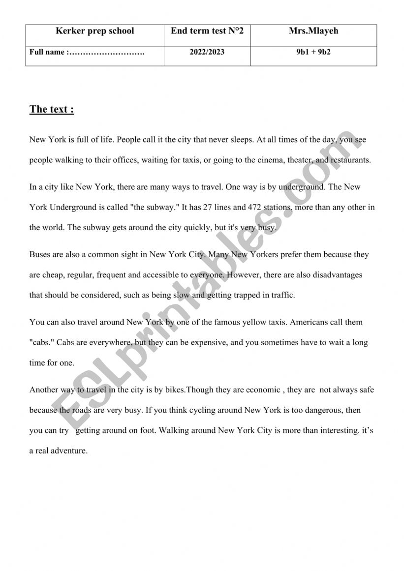 9th form end term  test worksheet