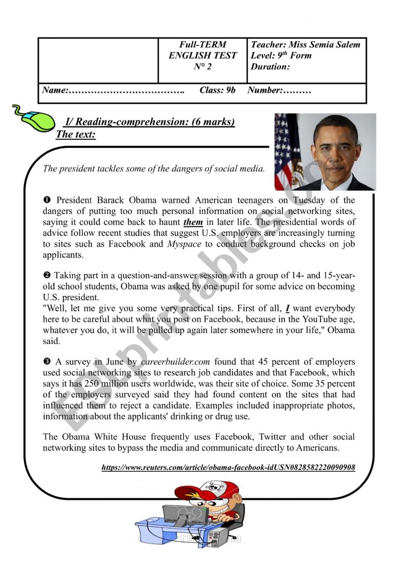 Fullterm test9th form n°2 ESL worksheet by sonia salem