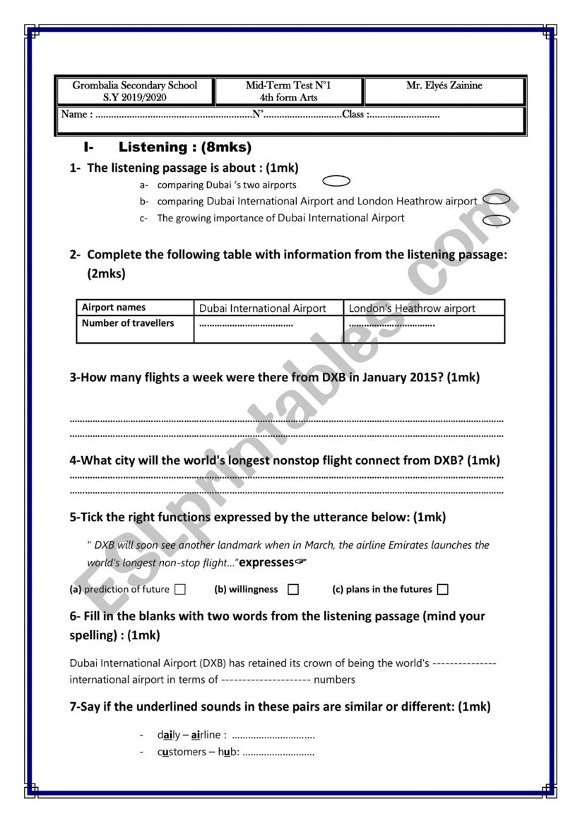 testing  worksheet
