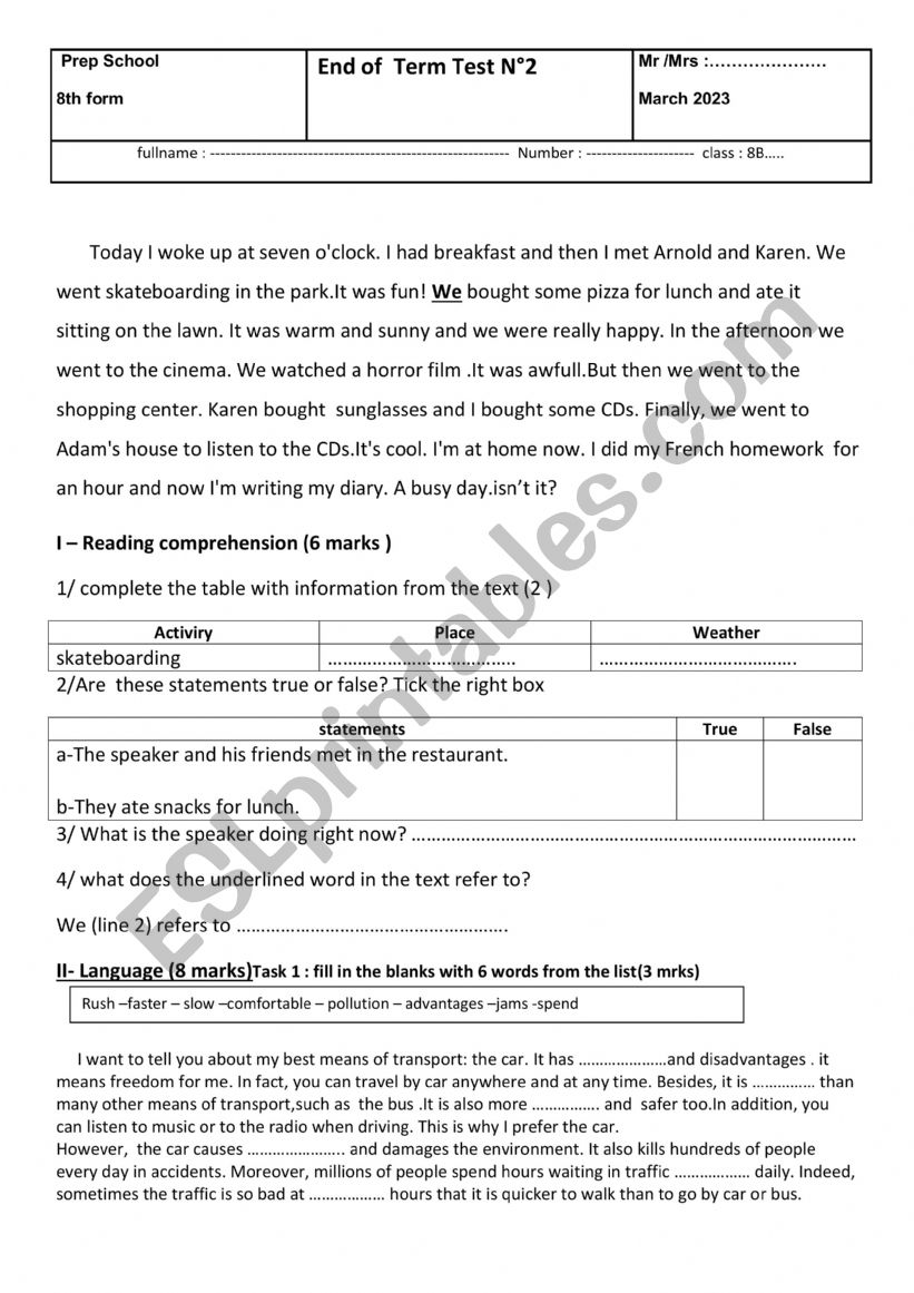 end of term 2 test worksheet