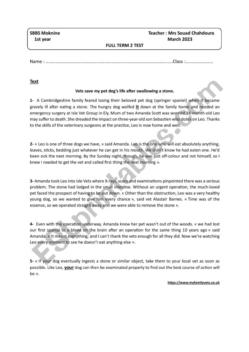 End of term 2 Test 1st Form worksheet