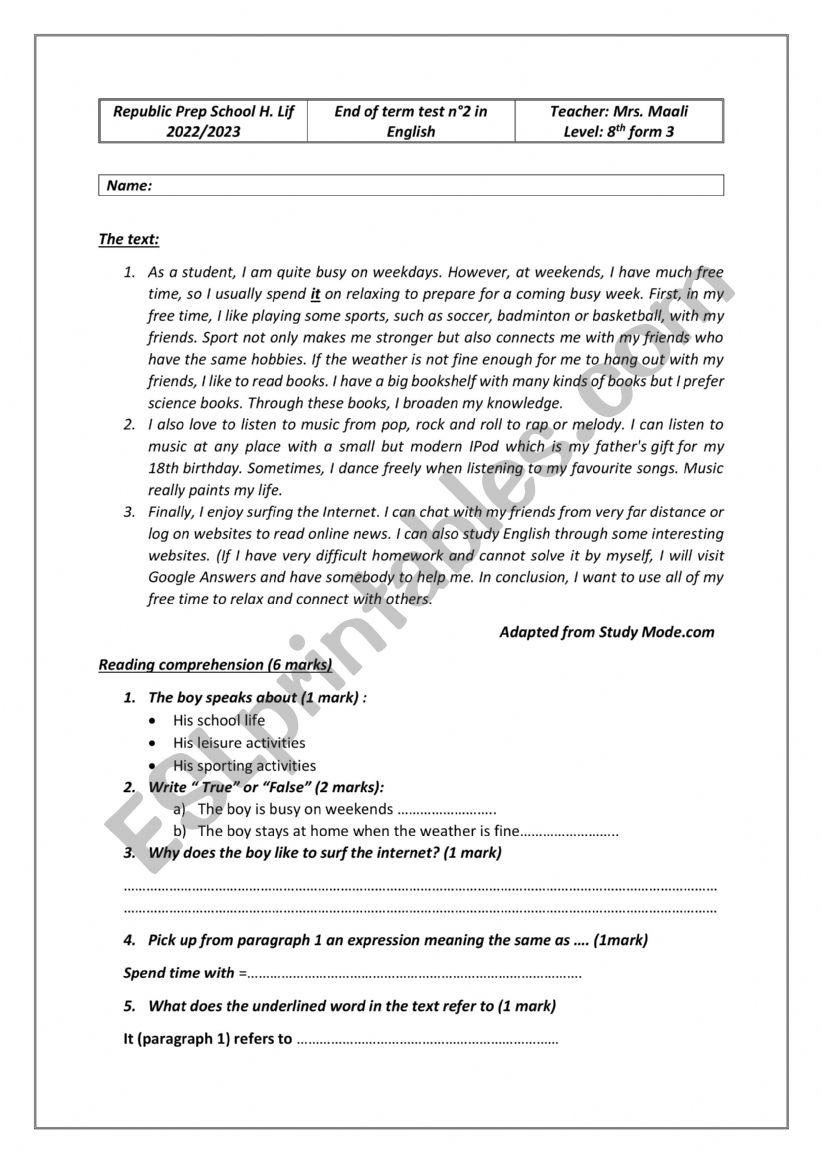 end of term exam 2 8th form worksheet