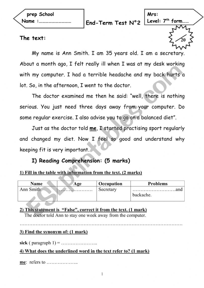 end-term test 2 7th form worksheet