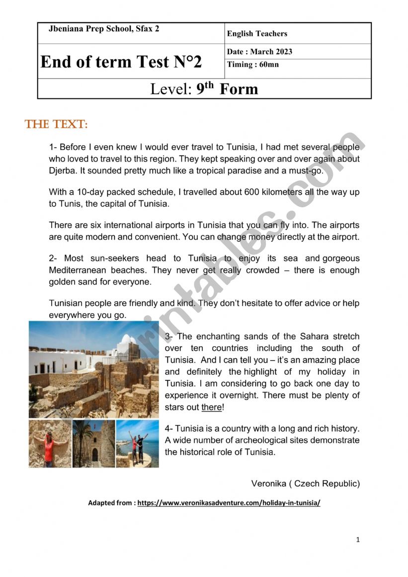 End of term test 2 9th form worksheet