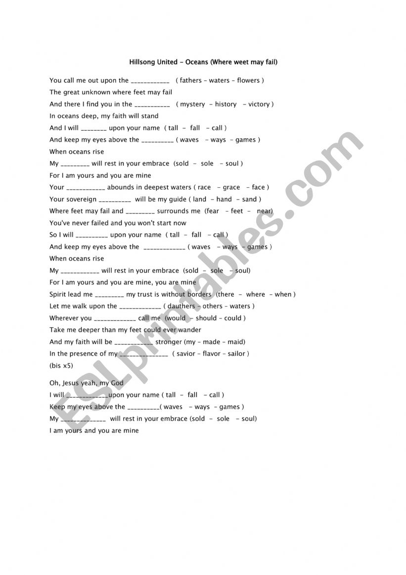 Temble Song to Complete worksheet