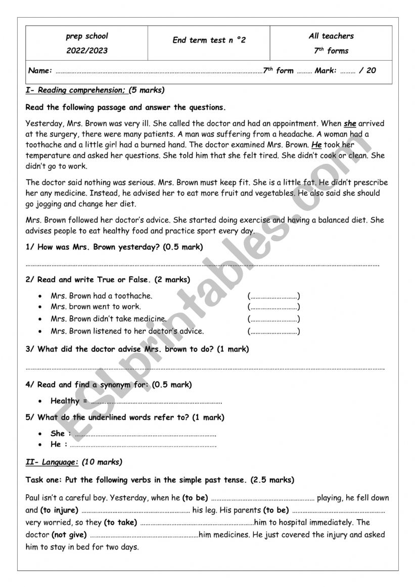 end term test for 7th form worksheet