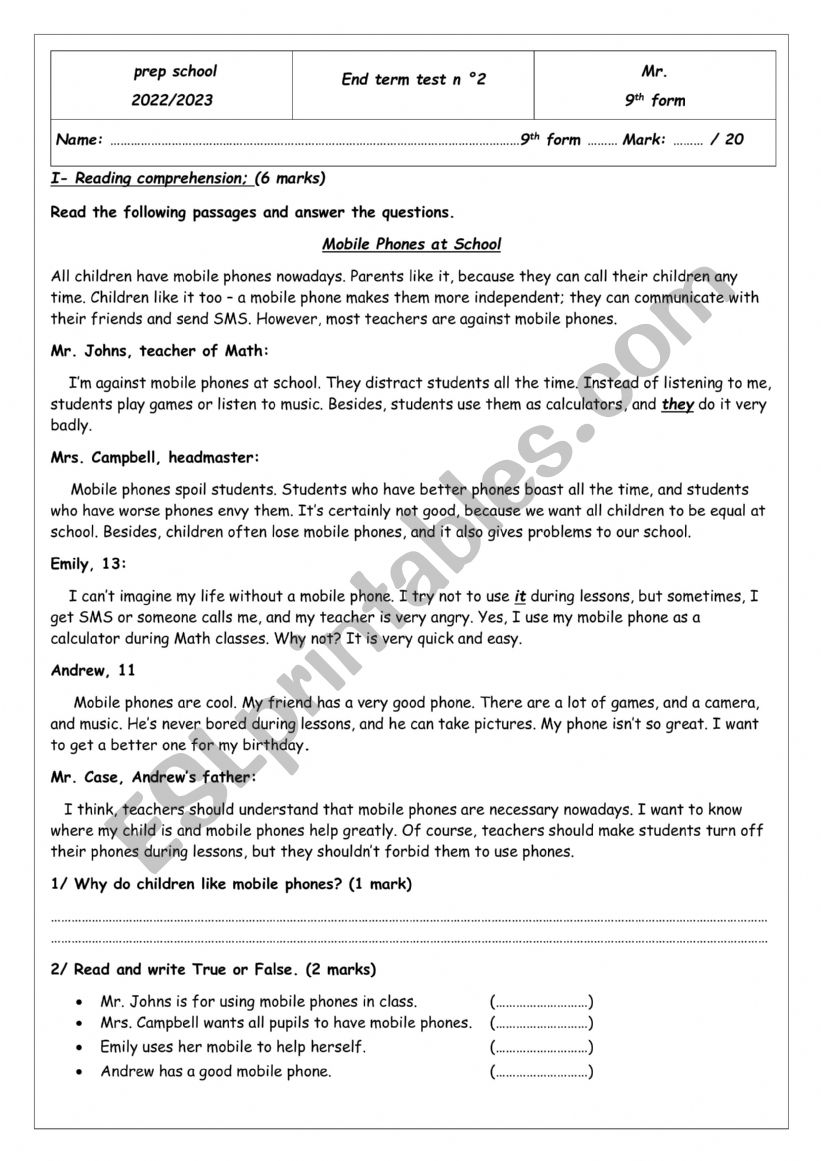 9th form end term test worksheet