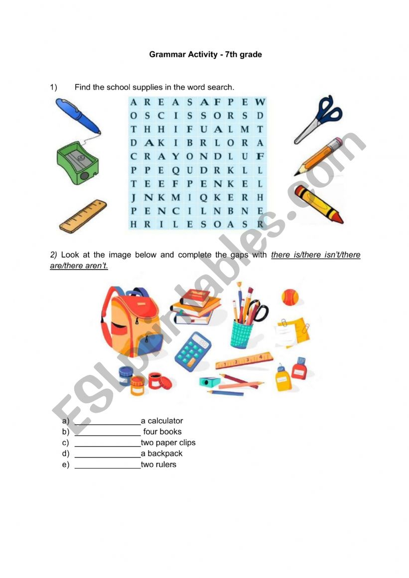 Grammar activy - school supplies and verb to be