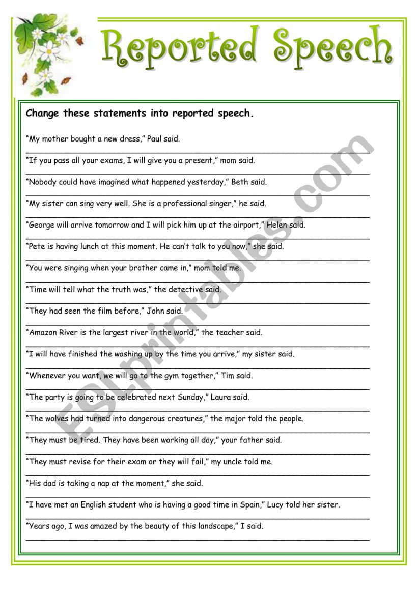 Reported Speech worksheet