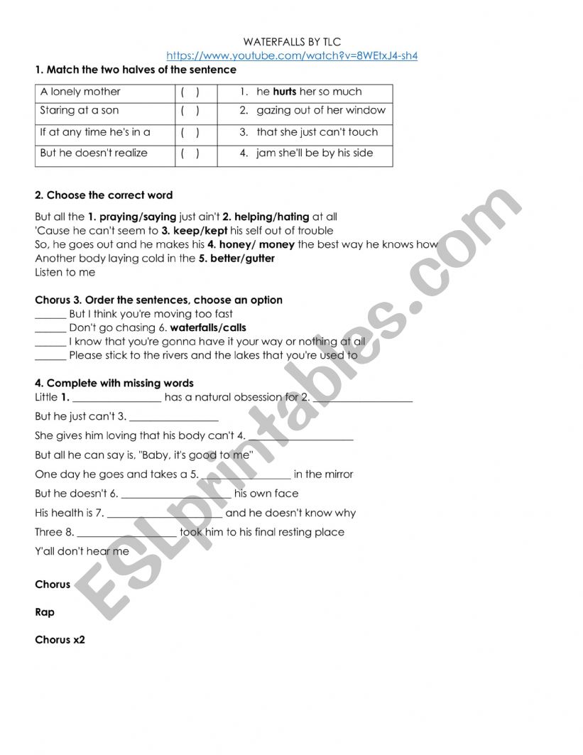 Waterfall by TLC worksheet