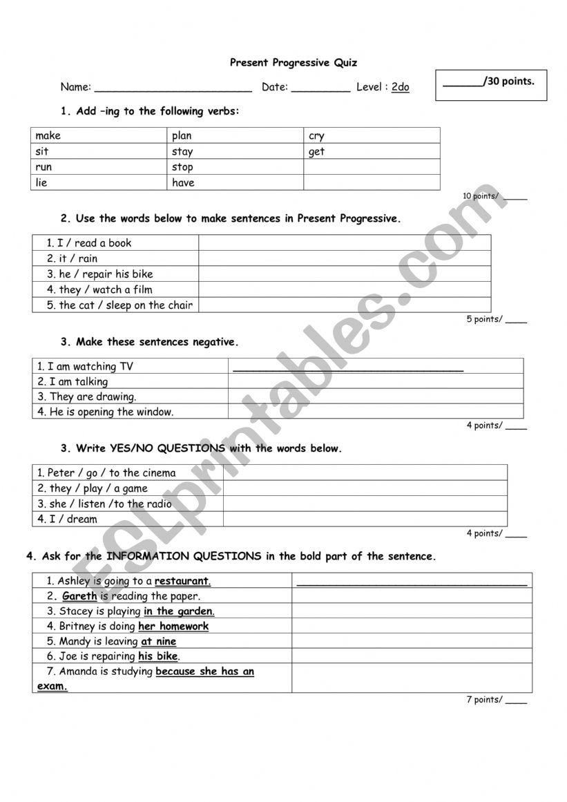 quiz present progressive worksheet